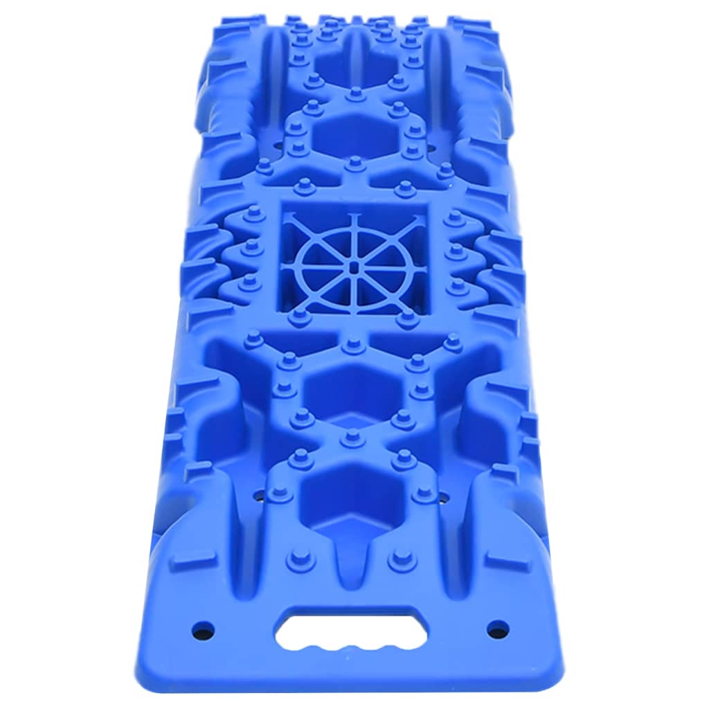 A pair of blue nylon traction boards with textured grip patterns and handles, measuring 42.1 by 12.2 by 2.8 inches.