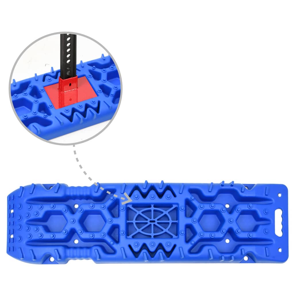 Two blue nylon traction boards with angled treads and a central jack base for vehicle recovery.