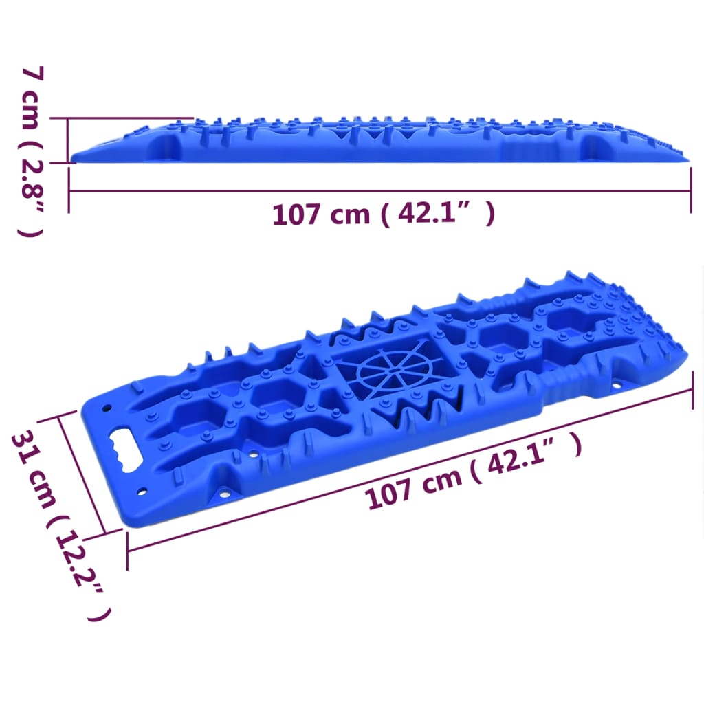 Blue nylon traction boards, 42.1x12.2x2.8 inches, with anti-slip teeth and dimensions shown.