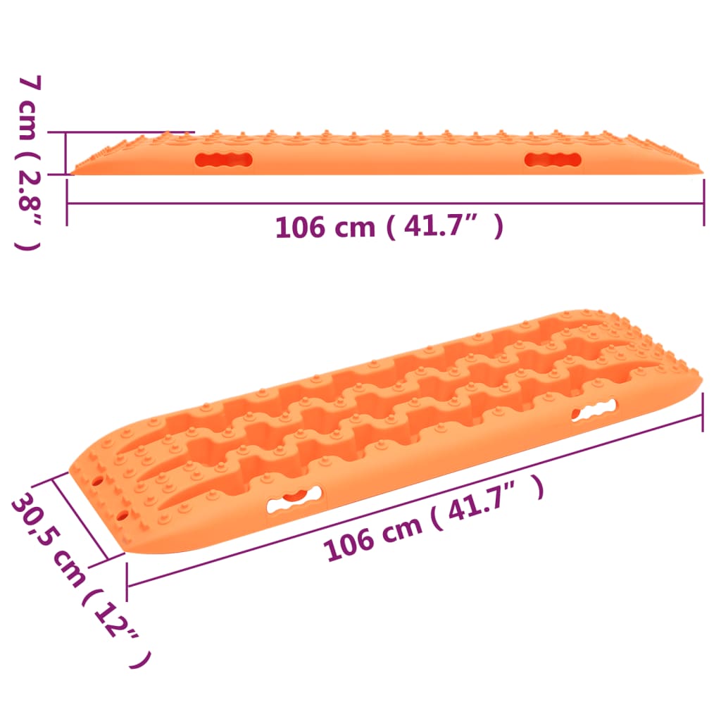 Two orange reinforced nylon traction boards, each 41.7 by 12 by 2.8 inches, with grip teeth and handles.