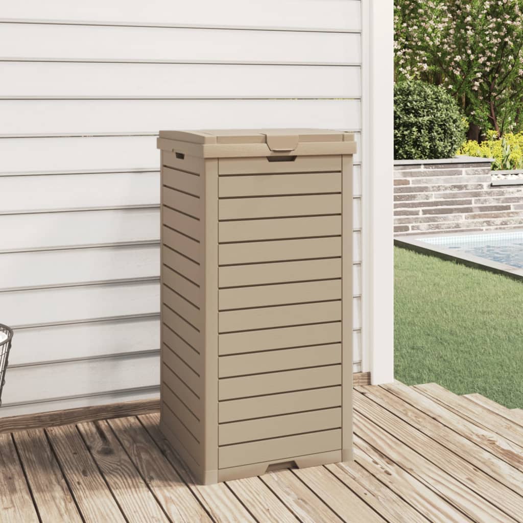 Light brown polypropylene outdoor garbage bin with double-lid design and 31.2-gallon capacity.