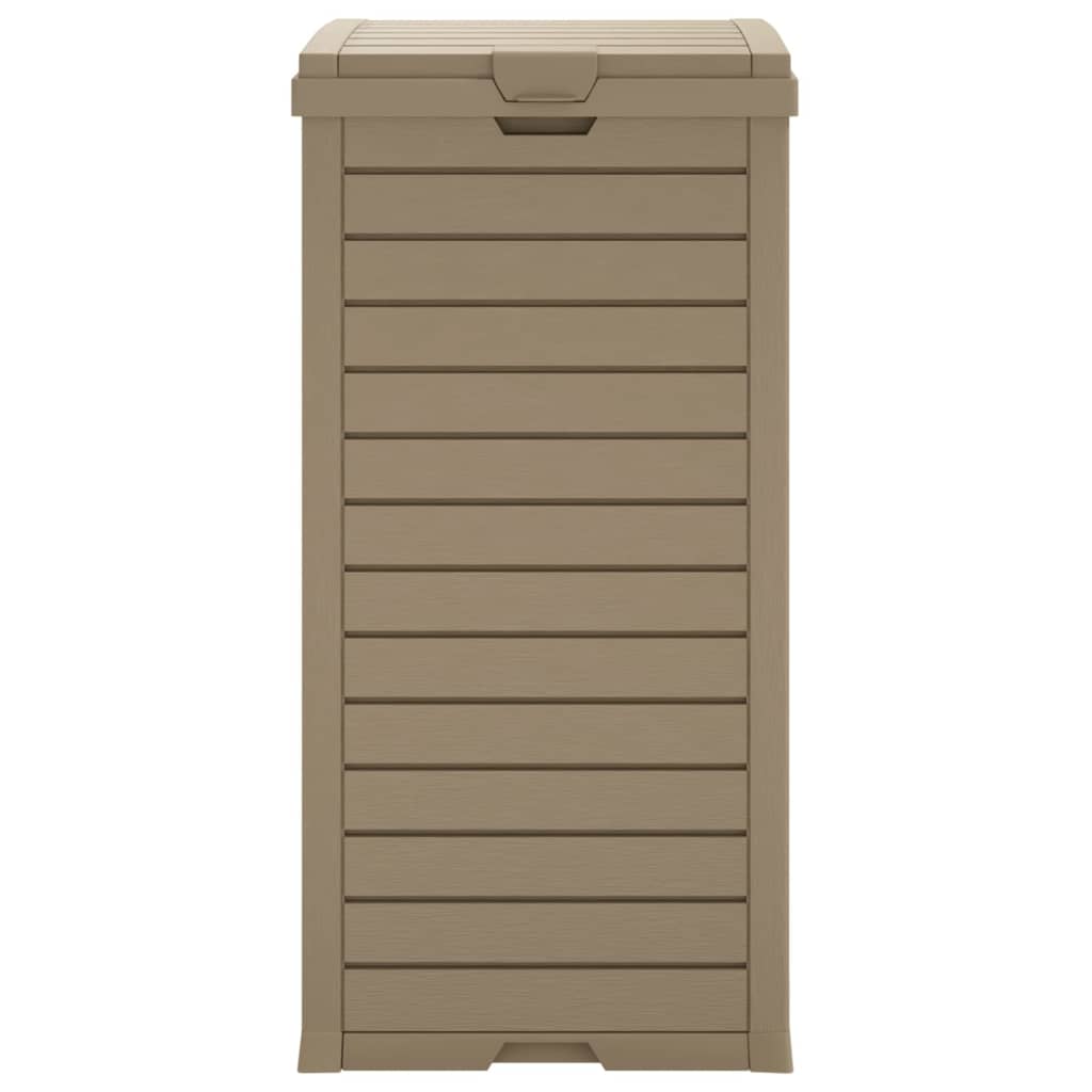 Light brown outdoor garbage bin made of polypropylene with a 31.2-gallon capacity.