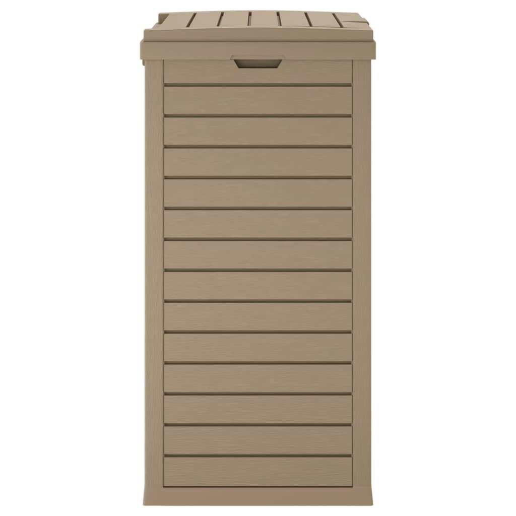 Light brown polypropylene outdoor garbage bin with double lid and 31.2-gallon capacity.