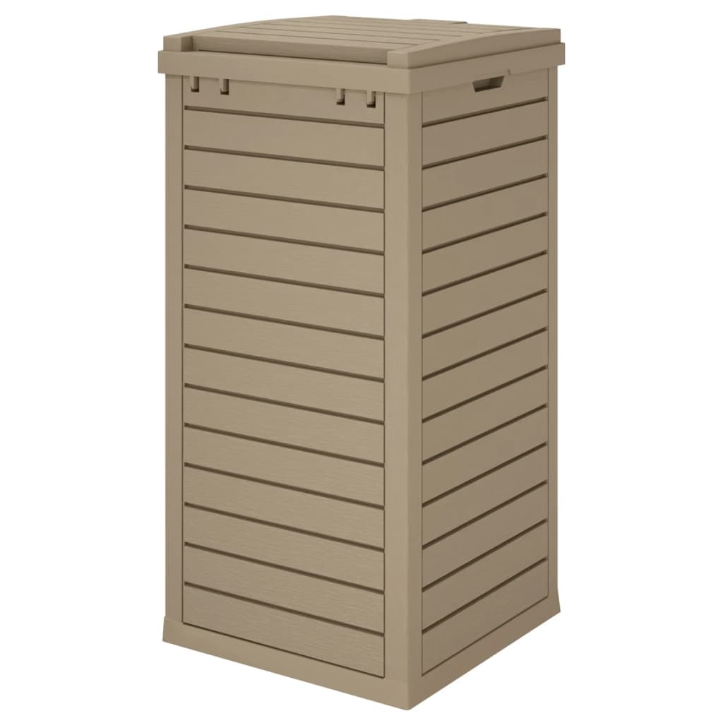 Light brown polypropylene outdoor garbage bin with a 31.2-gallon capacity and double-lid design.