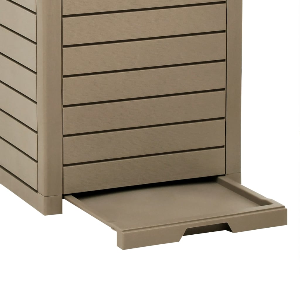 Light brown polypropylene outdoor garbage bin with a double-lid design and 31.2-gallon capacity.