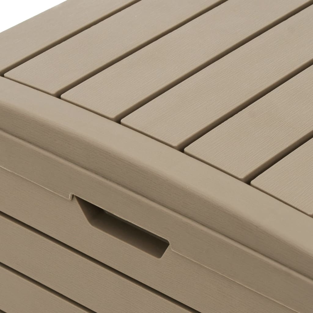 Light brown polypropylene outdoor garbage bin with double-lid design and 31.2-gallon capacity.