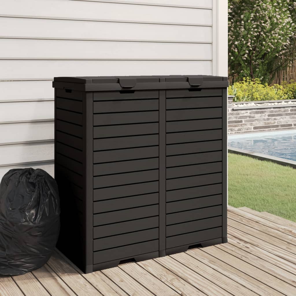 Black polypropylene outdoor garbage bin with double doors and 60.8-gallon capacity on a deck.