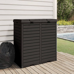 Black polypropylene outdoor garbage bin with double doors and 60.8-gallon capacity on a deck.