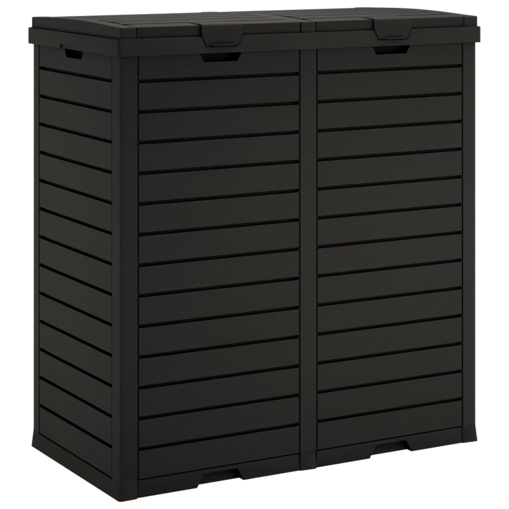 Black polypropylene outdoor garbage bin with double lids and wood texture finish, 60.8 gallons capacity