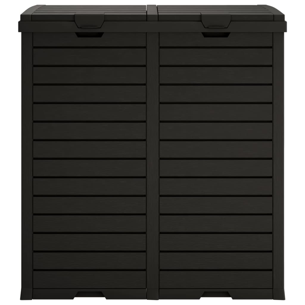 Black polypropylene outdoor garbage bin with double lids and slatted sides, 60.8-gallon capacity.