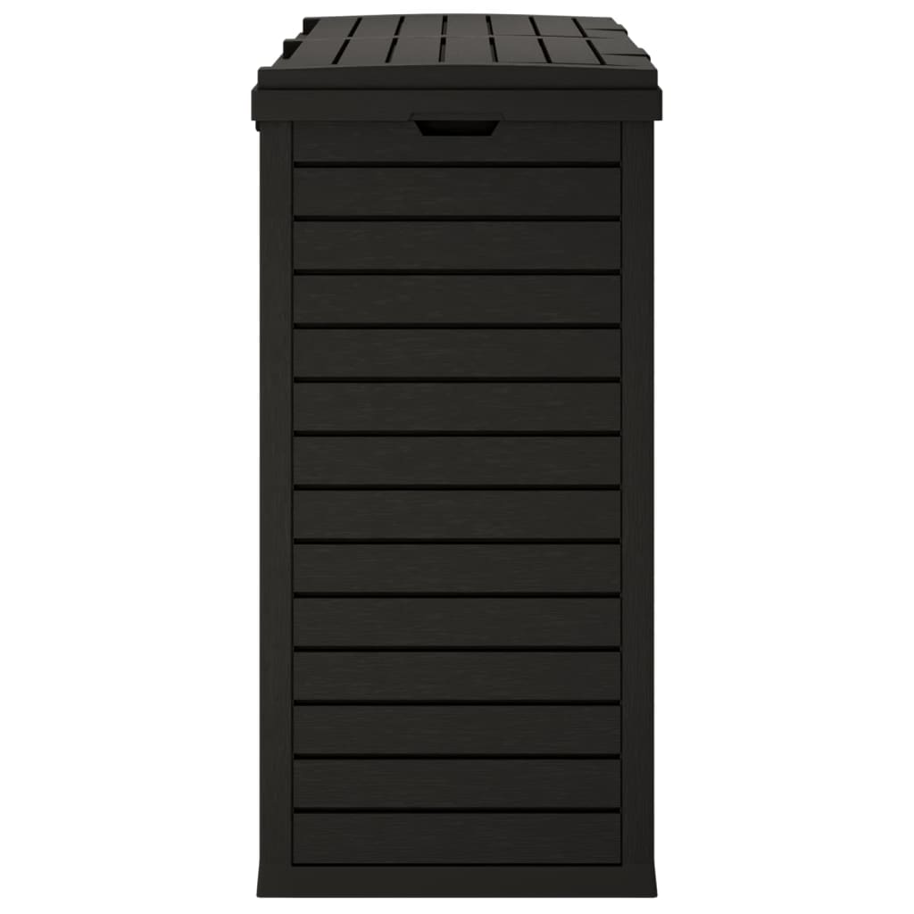 Black polypropylene outdoor garbage bin with wood-like texture, 60.8-gallon capacity.
