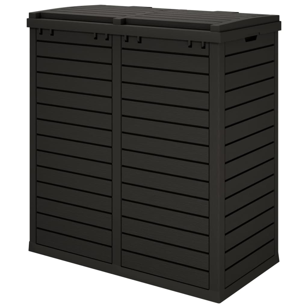 Black polypropylene outdoor garbage bin with double lids and wood texture finish, 60.8 gallons capacity.