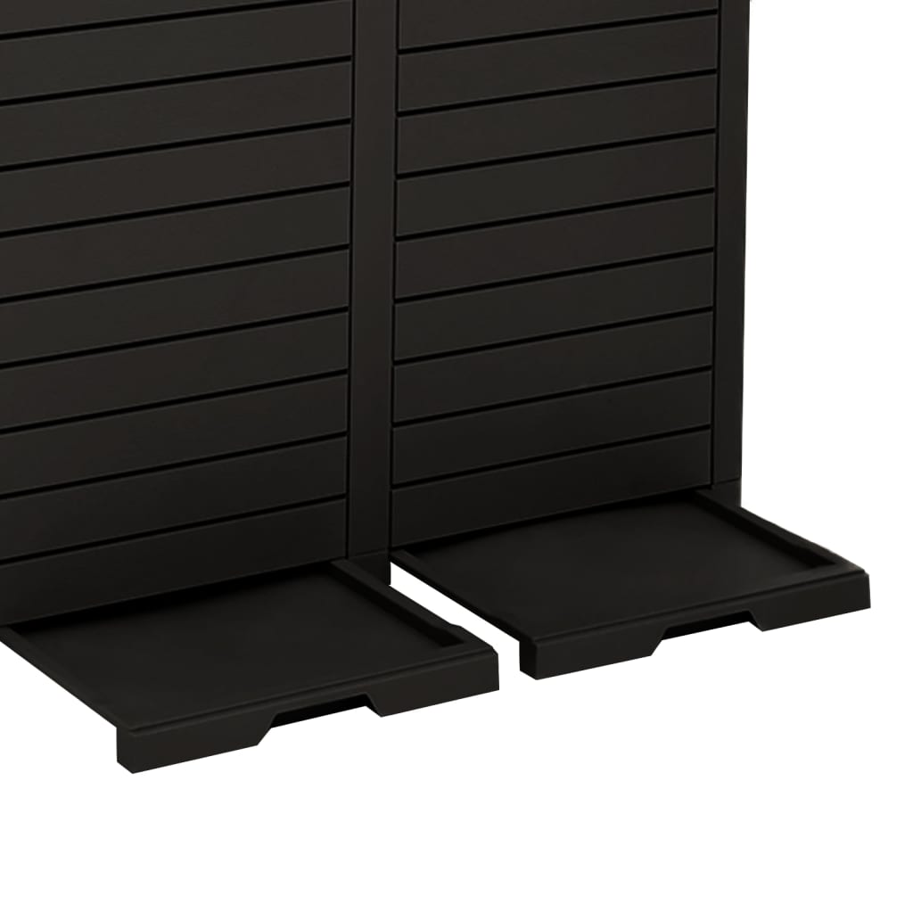 Black polypropylene outdoor garbage bin with slatted sides, double lids, and base trays, 60.8-gallon capacity.