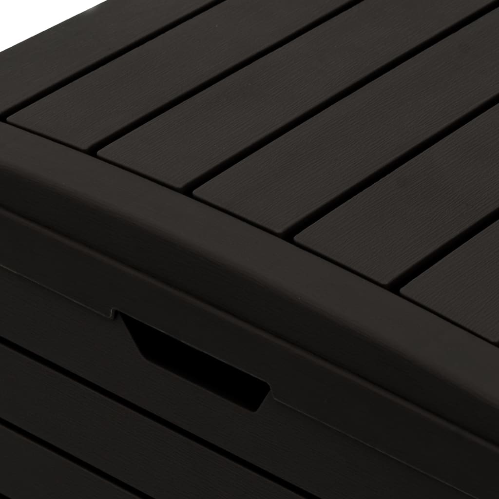 Black polypropylene outdoor garbage bin with wood-like slats and lid, 60.8-gallon capacity.
