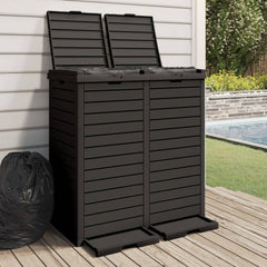 Black polypropylene outdoor garbage bin with double lids and wood texture finish.