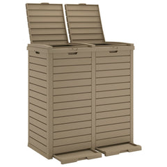 Light brown polypropylene dual outdoor garbage bin with open lids and foot pedals, 60.8 gallons.