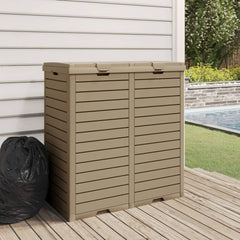 Light brown polypropylene outdoor garbage bin with double lids and wood texture finish.