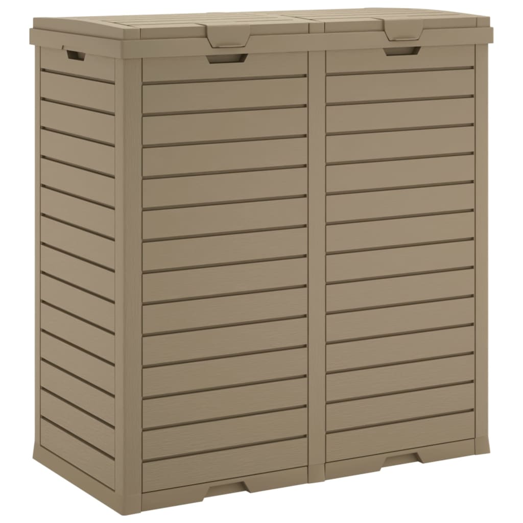 Light brown polypropylene outdoor garbage bin with double compartments and slatted design, 60.8 gallons.