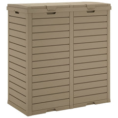 Light brown polypropylene outdoor garbage bin with double compartments and slatted design, 60.8 gallons.