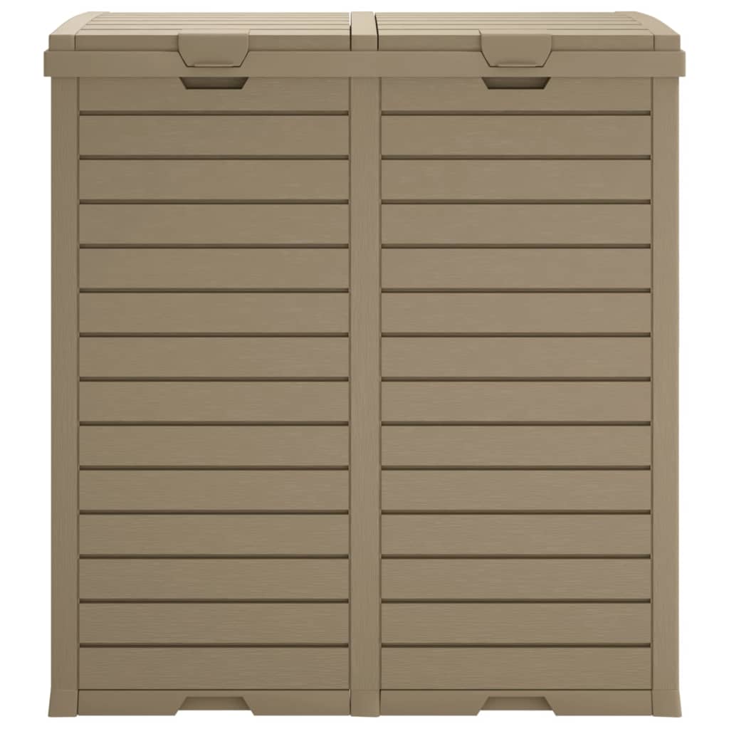 Light brown polypropylene outdoor garbage bin with dual compartments, 60.8 gallons.