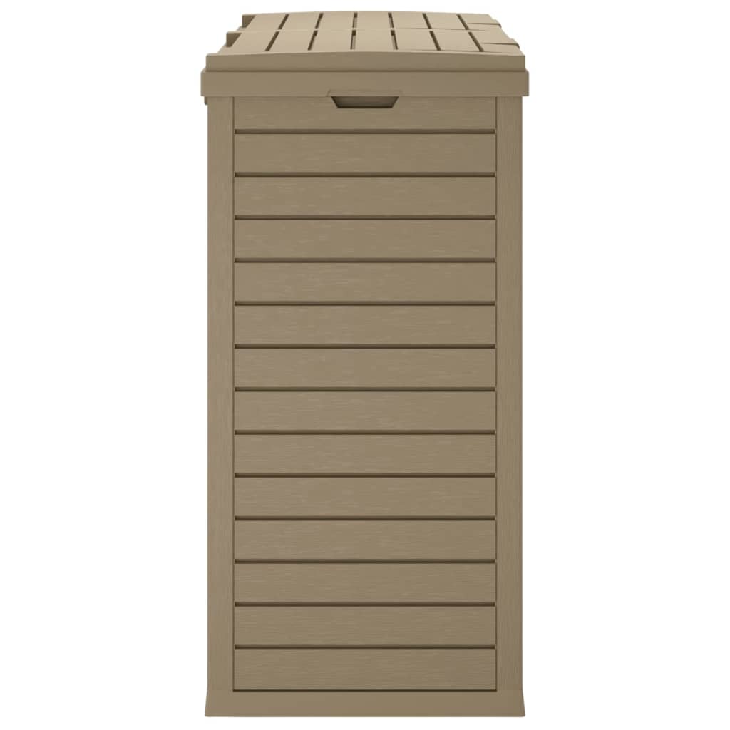 Light brown polypropylene outdoor garbage bin with wood texture and double lid, 60.8 gallons.