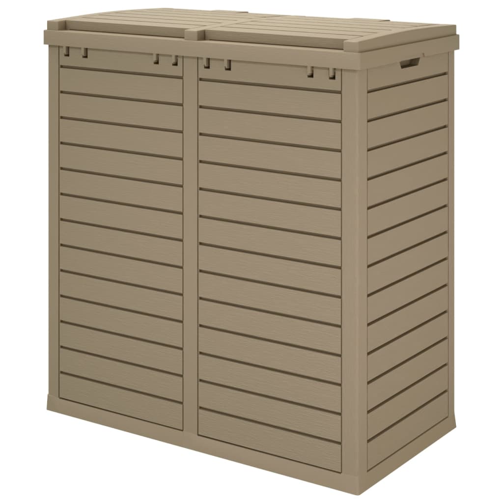 Light brown polypropylene outdoor garbage bin with double lids and slatted sides, 60.8 gallons.