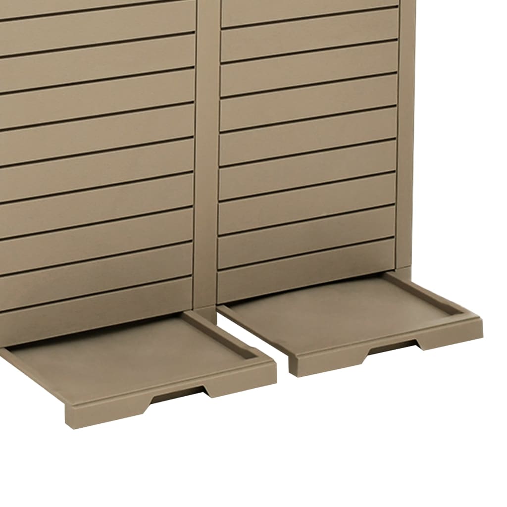 Light brown polypropylene outdoor garbage bin with double doors and two base trays, 60.8 gallons.