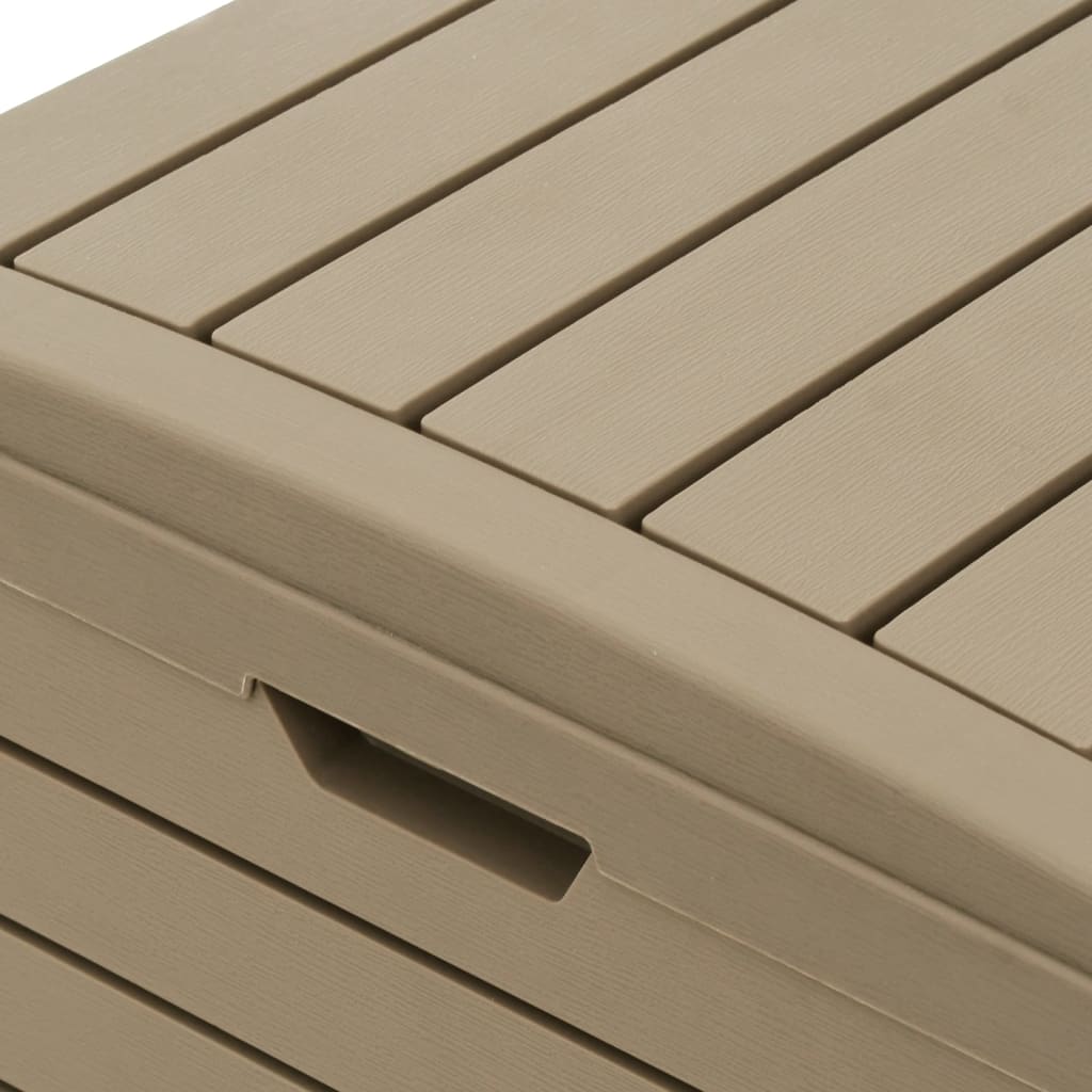 Light brown polypropylene outdoor garbage bin with wood texture and dual compartments.