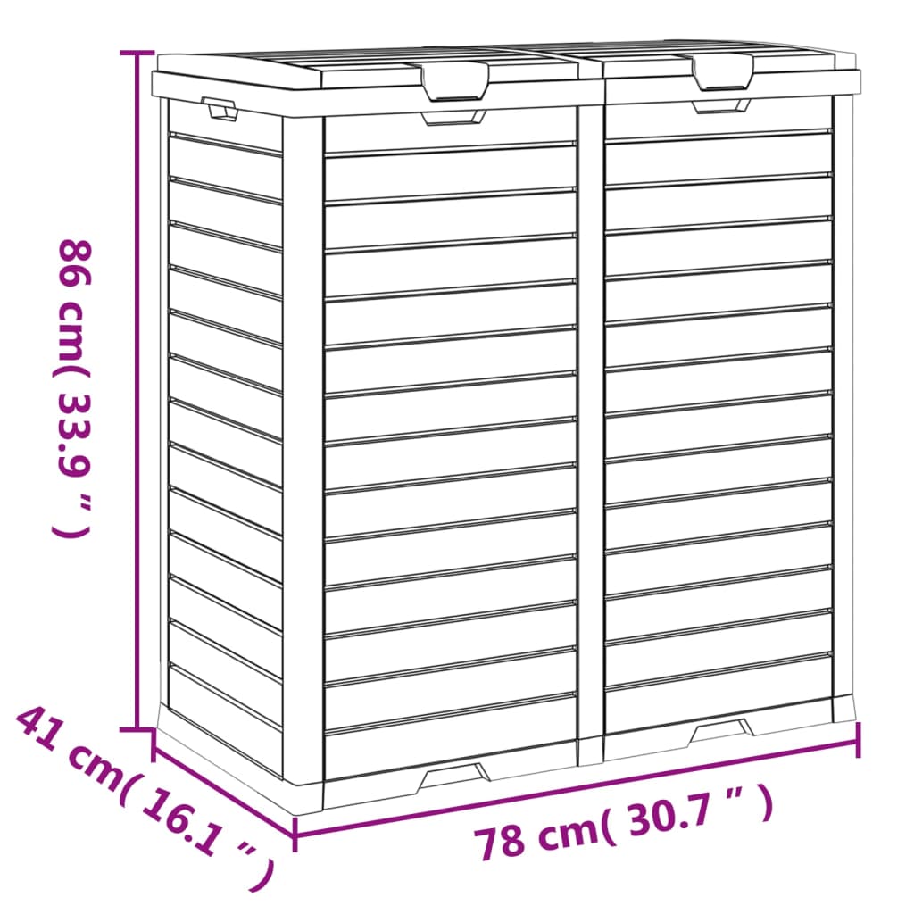 Light brown polypropylene double outdoor garbage bin, 60.8 gallons, with dimensions shown.