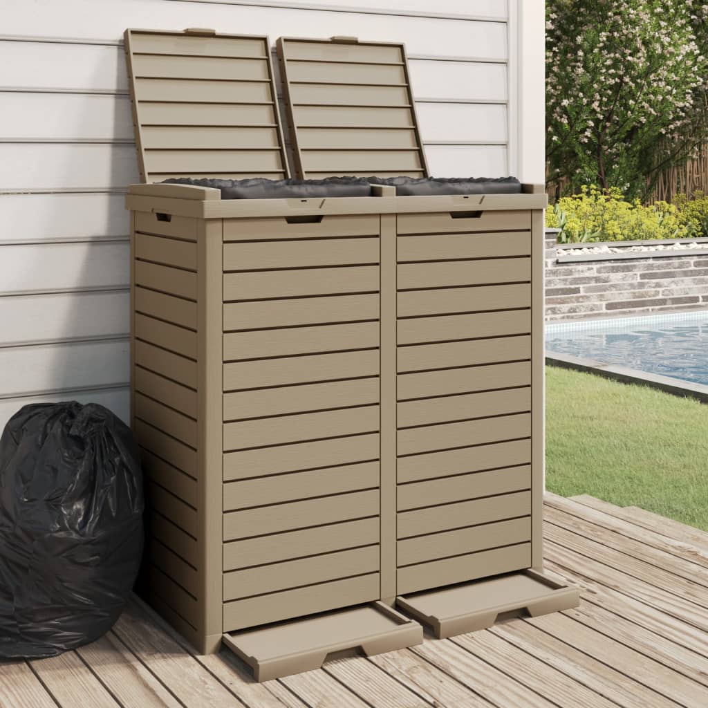 Light brown polypropylene outdoor garbage bin with two 30-gallon compartments and open lids, 60.8 gallons total.