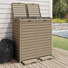 Light brown polypropylene outdoor garbage bin with two 30-gallon compartments and open lids, 60.8 gallons total.