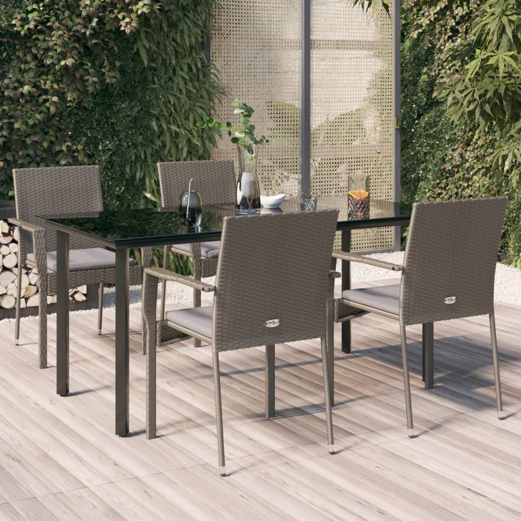 Garden Dining Set Black and Grey PE Rattan, Steel, Tempered Glass
