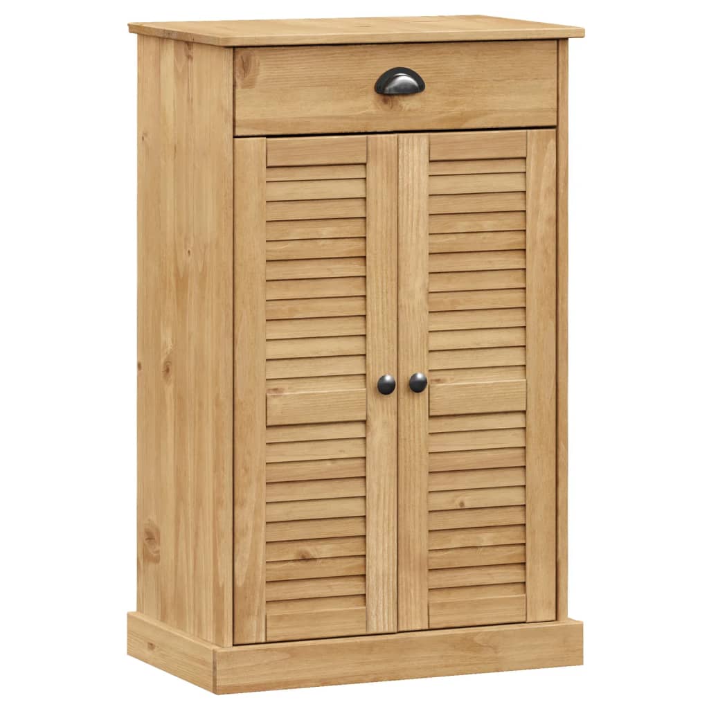 Solid pine wood shoe cabinet with shutter doors, drawer, and 23.6x13.8x37.8-inch size.