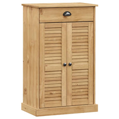 Solid pine wood shoe cabinet with shutter doors, drawer, and 23.6x13.8x37.8-inch size.