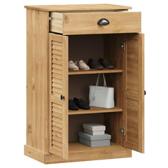 Vigo solid pine wood shoe cabinet with shutter doors, drawer, and shelves for 12 pairs.