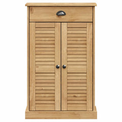 Vigo solid pine shoe cabinet with shutter doors, drawer, and 23.6x13.8x37.8 inch size.