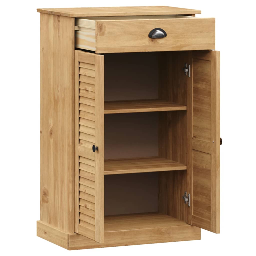 Vigo solid pine wood shoe cabinet with shutter doors, drawer, and shelves, 23.6x13.8x37.8 inches.