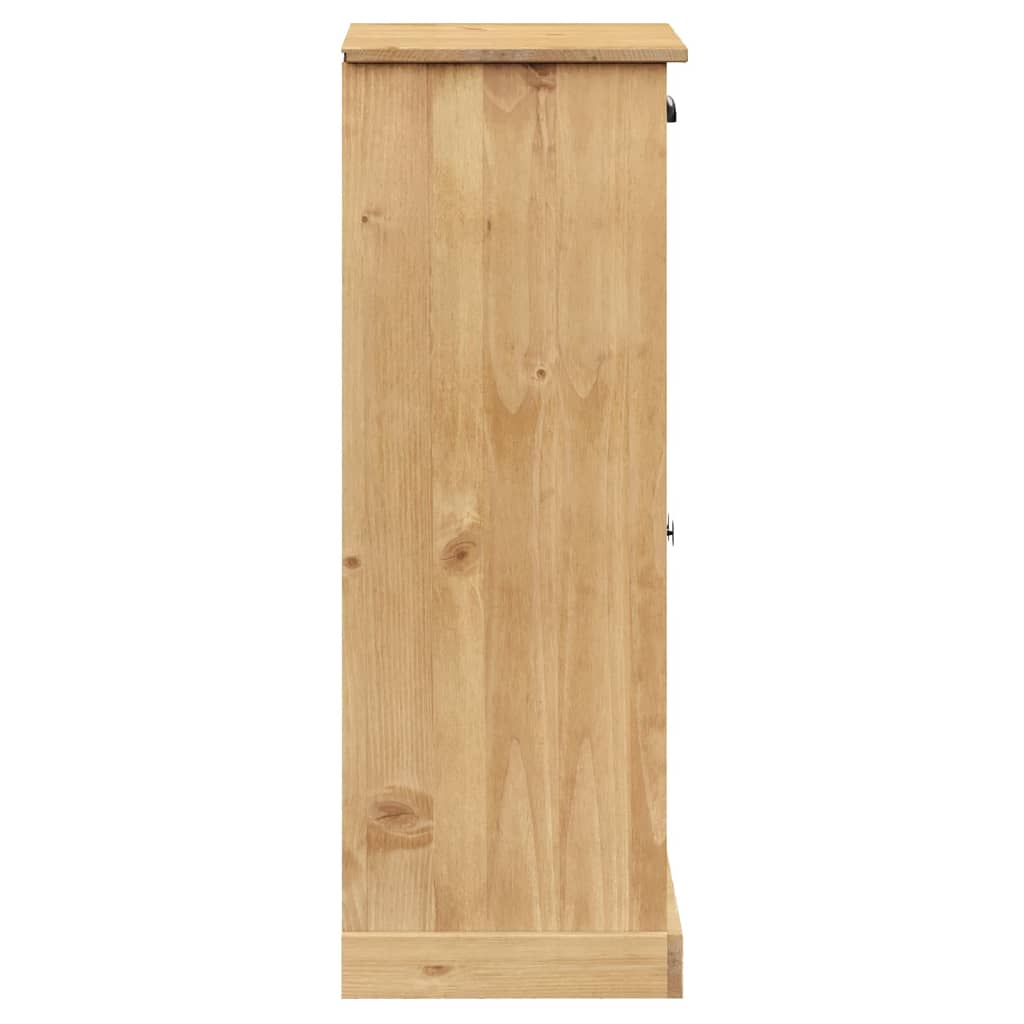 Side view of VIGO solid pine wood shoe cabinet with shutter doors and drawer, 23.6x13.8x37.8 inches.