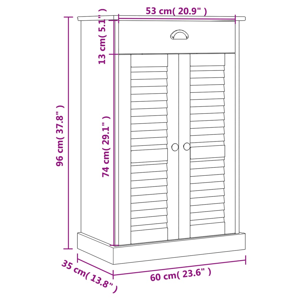 White wooden shoe cabinet with shutter doors, drawer, and dimensions 23.6x13.8x37.8 inches.