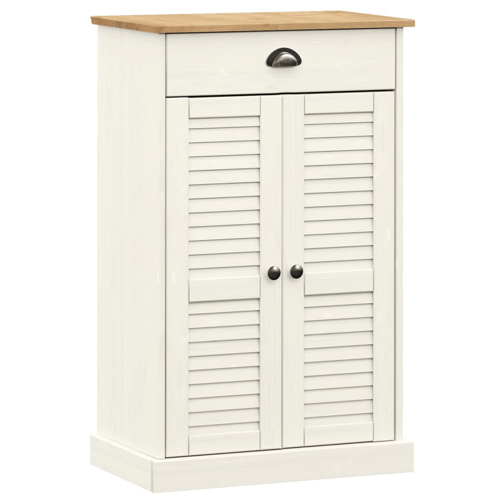 White solid pine wood shoe cabinet with louvered doors, drawer, and oak top.