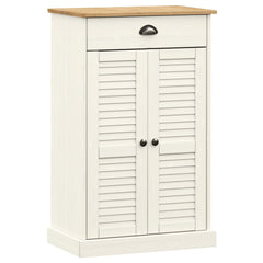 White solid pine wood shoe cabinet with louvered doors, drawer, and oak top.
