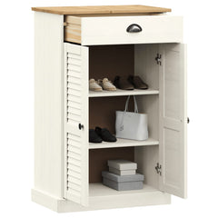White solid pine wood shoe cabinet with louvered doors, drawer, and shelves for shoes.