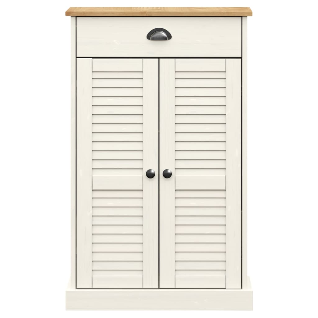 White solid pine shoe cabinet with louvered doors, drawer, and wood top, 23.6x13.8x37.8 inches.