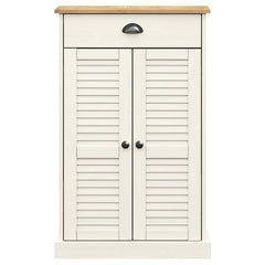 White solid pine shoe cabinet with louvered doors, drawer, and wood top, 23.6x13.8x37.8 inches.
