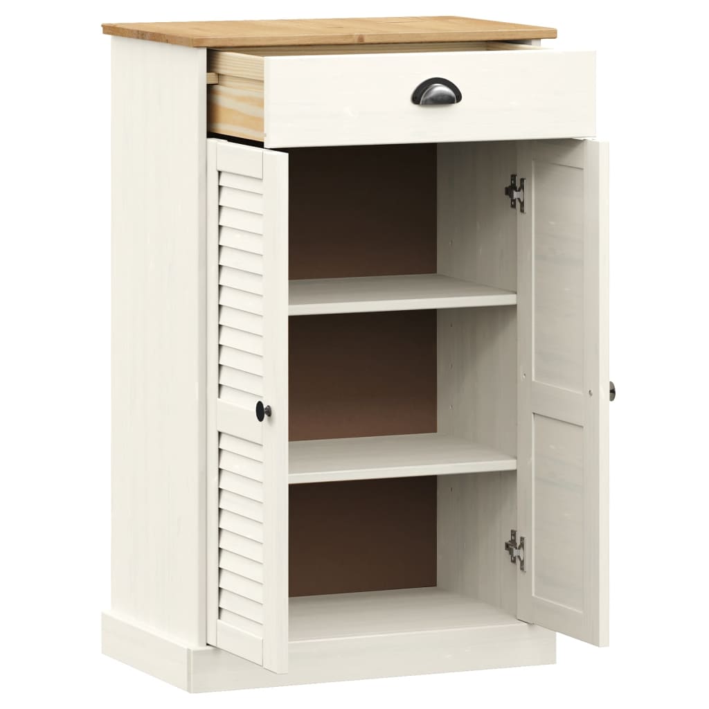 White solid pine wood shoe cabinet with louvered doors, drawer, and shelves, 23.6x13.8x37.8 inches.