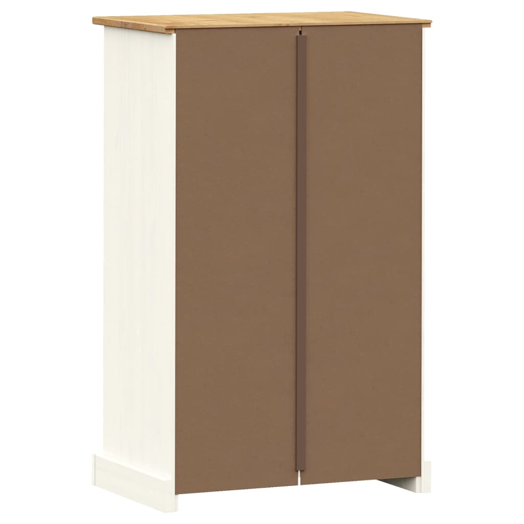 White solid pine wood shoe cabinet with louvered doors, measuring 23.6x13.8x37.8 inches.