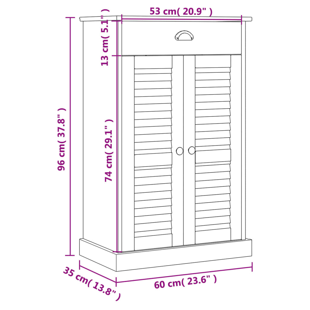 White solid pine wood shoe cabinet with shutter doors, 60x35x96 cm.