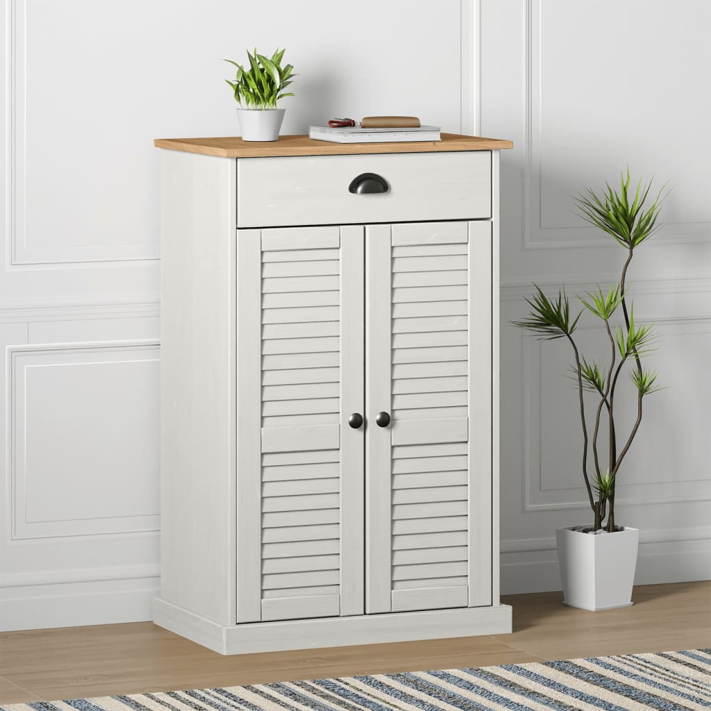 White solid pine wood shoe cabinet with louvered doors, drawer, and adjustable shelves.