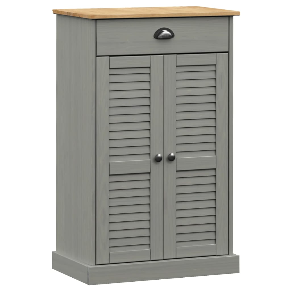 Gray solid pine wood shoe cabinet with louvered doors, drawer, and top shelf, 23.6x13.8x37.8 inches.