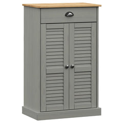Gray solid pine wood shoe cabinet with louvered doors, drawer, and top shelf, 23.6x13.8x37.8 inches.